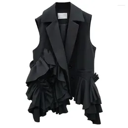 Women's Vests 2024 Spring Summer Korean Edition Black Vest Coat Women Heavy Industry Layered Lotus Leaf Design Fashionable Loose LX028