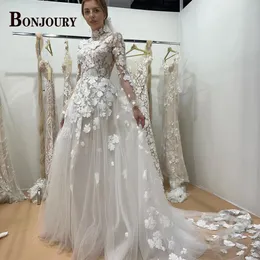 BONJOURY очаровательные свадебные платья с высоким воротом и длинными рукавами для женщин невесты Vestidos De Noiva аппликации на заказ формальные 240314