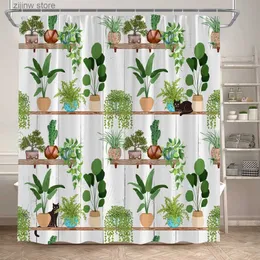 Shower Curtains Tropical Cactus Shower Curtain Black Cat Watercolour Plant Potted Flower Bath Curtains Polyester Cloth Bathroom Decor with Hooks Y240316