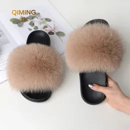 Kvinnor Summer Furry Fur Slippers Flat Non-Slip Solid Real Fox Fur Slides Fluffy Slipers Ladies Shoes Woman Home Slipper 240311