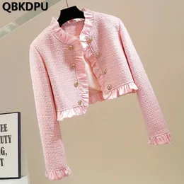 Zweireihige Tweed-Cropped-Tops Frühlingskoreanische Mode Schlanke kurze Jacken Lässige Vintage-Agaric-Rand-Mäntel Süße schicke Oberbekleidung 240307