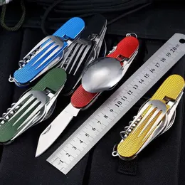 Tactical Knives New 6 In 1 Multifunctional Outdoor Camping Picnic Tableware Foldable Spoon Knife Fork Bottle Opener Stainless Steel Fold CutleryL2403