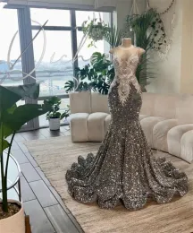 Silver Sheer O N Long Prom Dress For Black Girls 2024 Sequined Birthday Party Dresses Appliques Evening Gown Robe De Bal