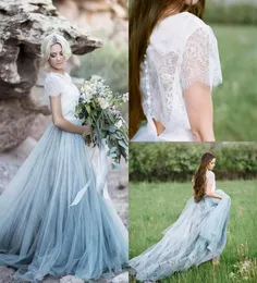 2020 Fairy Beach Boho Lace Wedding Dresses HighNeck A Line Soft Tulle Cap Sleeves Backless Light Blue Skirts Plus Size Bohemian B9584440