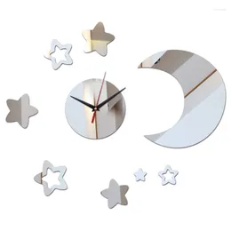 Orologi da parete design fai da te adesivi in materiale acrilico specchio fai da te orologi con decorazioni a forma di luna con stelle al quarzo a faccia singola in stile breve