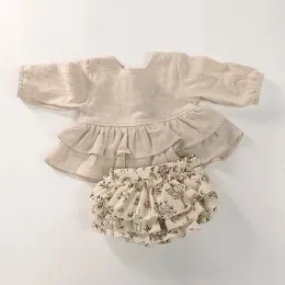 ドレスヴィンテージリネンコットンフリルシャツ +花のスカート女の子用服のためのブルマー長い袖の赤ちゃんスプリングトップ