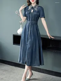 Partykleider TIYIHAILEY 2024 Vintage Frauen Lange Mittelkalb Kurzarm Denim Sommer Einreiher Kleid S-XL Drehen Unten Kragen