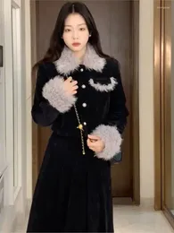 Work Dresses 2024 Winter Women's Vintage Velvet 2-piece Skirt Set Korean Fashion Elegant Slim Fit Fur Collar Warm Coat Top Casual Midi