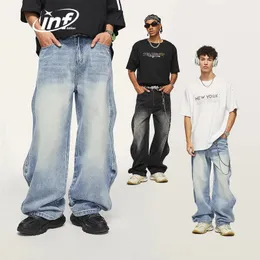 Inflação marca baggy perna larga namorado jeans unisex vintage lavado azul denim calças masculinas plus size 240311