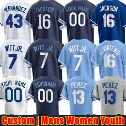 커스텀 7 Bobby Witt Jr. Salvador Perez 야구 저지 Bo Jackson George Brett Zack Greinke Cole Ragans Nelson Velazquez MJ Melendez Brady 가수 남성 여성 청소년