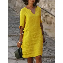 Платье 3 четверти, винтажное повседневное платье с v-образным вырезом и свободной талией, миди, пляжная одежда, зеленый, синий, желтый халат, полиэстер 240313