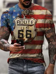 Mens T-shirts Summer New Herr T-skjortor Överdimensionerade lösa kläder Vintage Short Sleeve Fashion America Route 66 Letters Tryckt o Collared Tshirt