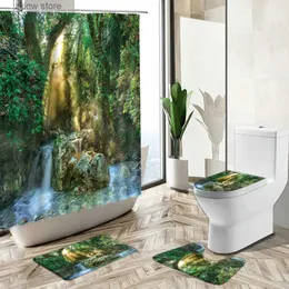 Cortinas de chuveiro floresta cachoeira cenário cortina de chuveiro tropical verde plantação folhas de árvores tapete de banho capa de banheiro flanela conjunto de tapete de banheiro y240316