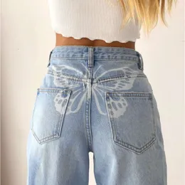 2024 frühjahr Neue Hohe Taille Schmetterling Druck Gerade Bein Lässig Jeans frauen Street Hosen