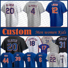 Lindor Pete Alonso Custom NY Mets Baseball -Trikot Brandon Nimmo Francisco Aarez Brett Baty Starling Marte Harrison Bader Darryl Strawberry Mike Piazza