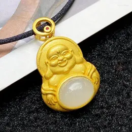 Pingente colares 925 prata esterlina branco jade dourado buda colar homens mulheres genuína nephrite hetian jades amuletos da sorte amuletos