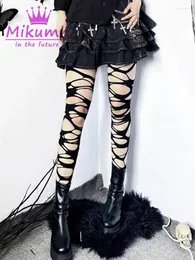 Meias femininas mikumn harajuku gótico preto sexy socking y2k grunge oco para fora malha escura meia-calça punk rock chique streetwear