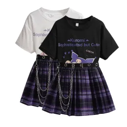 ドレス夏の女の子の服は子供のファッションブラックコットンTシャツ+スカート+女の子のティーンエイジャーの子供の服のための313年間ベルトセット