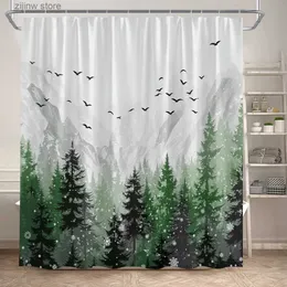 Tende da doccia Inverno Foresta nebbiosa Tenda da doccia Verde Pini Fiocco di neve Neve Montagna Uccello Arte astratta Panno Bagno Tende da bagno Decor Y240316