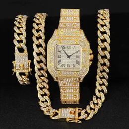Altri orologi 3 pezzi / set set di collane con bracciale a catena cubana Hip-Hop da uomo con strass borchiati (con regolatore del cinturino) Y240316