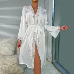 Kadınların Pijama Düğün Gelin Elbise Beyaz Dantel Trim Banyıl Kadınları Saten Kimono Zarif Nightbown Uzun Kollu Ev Soyun