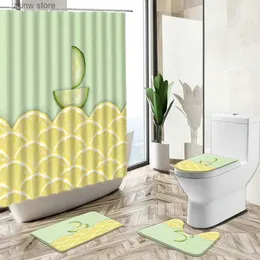 Shower Curtains Lemon Fruit Shower Curtains Kiwi Orange Ice Cube Summer Theme Bathroom Decor Non-Slip Carpet Toilet Cover Bath Floor Mat Sets Y240316