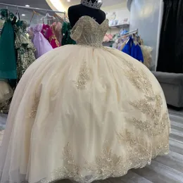 Lekki szampan quinceanera Dress of the ramion freading aplikacje koronkowe lśniąca piłka urodziny formalny impreza szatę de soiree