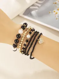 Set di braccialetti con ciondolo d'amore in lega di perline di riso in vetro nero stile Boho da 6 fili