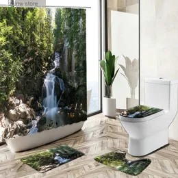 Tende da doccia Foresta Cascata Scenario Bagno Tenda da doccia Set Alberi Rocce Piante verdi Paesaggio naturale Tappeto Coperchio WC Copri Tappetino da bagno Y240316