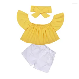 Kleidungssets Hooyi vom Schulterhemd Set für Kleinkind Girls gelbe Kurzarm Swearshirt Ripped Jeans Bogenknot Stirnband Cooles Outfit