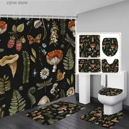 Chuveiro cortinas vintage cogumelo cortina de chuveiro conjunto libélula traça retro floral planta folhas preto crianças banheiro decoração banho tapete tampa tampa do banheiro y240316