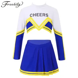 Costume da cheerleader per ragazze per bambini Set da ballo per allegria Manica lunga Saluti Top stampato Set gonna a pieghe Uniformi da cheerleader per bambini 240305