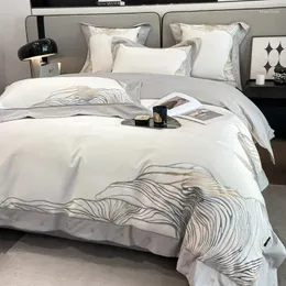 Conjuntos de cama conjunto de algodão egípcio macio capa de edredão borda larga plana fronhas luxo bordado cama rei rainha tamanho