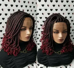 Ombre Red Short Box Braids Wig With Curly Tips Synthetic Fully Handmade Braided Lace Front Wigs For Black Women8061398