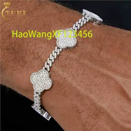 Moda Femme 6mm 925 STRING Gümüş VVS Moissanite Elmas Buzlu Şanslı Dört Yaprak Clover Küba Bağlantı Bileziği Valentine için