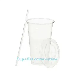 16 oz Tek kullanımlık şeffaf plastik, kaplar ve pipetler ile buz kahvehanesi için pipetler teasmoothiecold içecek 240304