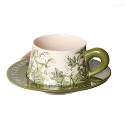 Mugs Retro American Style Ceramic Cup Dish Chinese Oil Painting Green Lily Coffee Set Afternoon Tea Mug