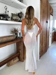 Lässige Kleider für Damen, durchsichtiges Netzkleid, tief ausgeschnitten, sexy, durchsichtiges Röhrenoberteil, trägerlos, figurbetont, langer Teil