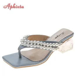 Slippers Aphixta Summer Flip Flops Women 6 см. Квадратные каблуки в струнах за пределами модного пляж