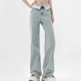 Calças femininas nigo quatro estações cor sólida moda cintura alta casual solto jeans perna larga ngvp # nigo7921