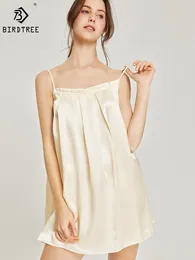 Women's Sleepwear BirdTree Real Silk Suspenders Nightdress Straight Neckline Solid Simple Comfortable Women Loungewear 2024 Spring P41977QD