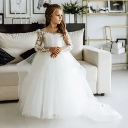 2024 Langarm Mädchen Hochzeitskleid Spitze Blumenmädchen Prinzessin Party Tüll Ballkleid Junior Brautjungfer 240309