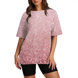 여자 T 셔츠 패션 여름 둥근 목 짧은 소매 티셔츠 스팽글 인쇄 탑 여성 블라우스 2024 y2k 천을위한 셔츠