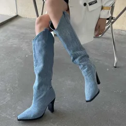Fashion New HBP Denim Non-Brand Jeans Chunky Heel Fall Knee Length Luxury Womens Boots