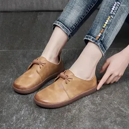 Sıradan Ayakkabı Vintage Bahar Kadınlar Retor Orijinal Deri Falt Toe Toe Dant-Up Chaussures Femme 2024 Yumuşak Günlük Zapatillas Para Mujer