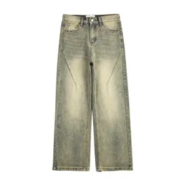 Vintage übergroße, geteilte, dekonstruierte, weite Jeans für Herren, gelbe, schlammgefärbte, ausgewaschene Distressed-Jeans mit weitem Bein, Cat Whisker Denim-Hose 240311