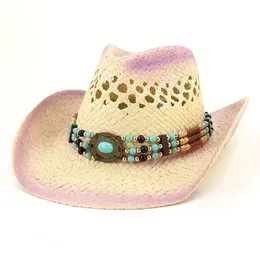 Besprüht rosa Western Cowboy Hut handgewebt Stroh Männer Frauen Outdoor Sonnenschutz Strand Panama Cap Sombrero Hombre 240311