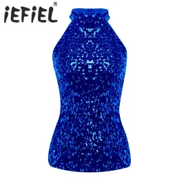 Tops Women Ladies Sleeveless Vest Tank Tops Fashion Shimmer Flashy Sequins Embellished Halter Neck Halloween Clubwear Rave Costumes