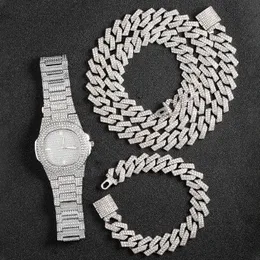 Men Women Hip Hop 16mm Iced Out Shiny Cuban Chain NecklaceBracelet Set With Variety Of Styles Personality Rhinestone Watch 240313