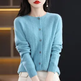 Solid Color 100 Pure Wool Cardigan Spring Autumn ReadyTowear Loose Coat Twisted Flower Temperament Sweater Korean version 240311